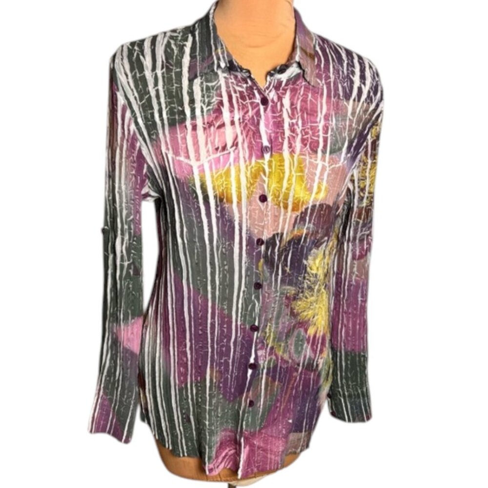 Komarov Crinkle Pleated Blouse Travel Friendly Button Front Top Size M Multicolo